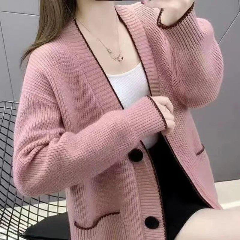 SaneShoppe - V - neck Sweater Women 2025 Autumn Winter Knitted Cardigan Female Loose Long Sleeve Casual All - Match Knitted Sweater Tops Ladies