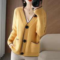 SaneShoppe - V - neck Sweater Women 2025 Autumn Winter Knitted Cardigan Female Loose Long Sleeve Casual All - Match Knitted Sweater Tops Ladies