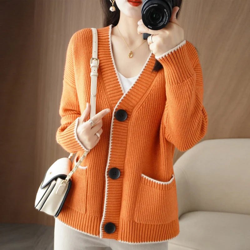 SaneShoppe - V - neck Sweater Women 2025 Autumn Winter Knitted Cardigan Female Loose Long Sleeve Casual All - Match Knitted Sweater Tops Ladies