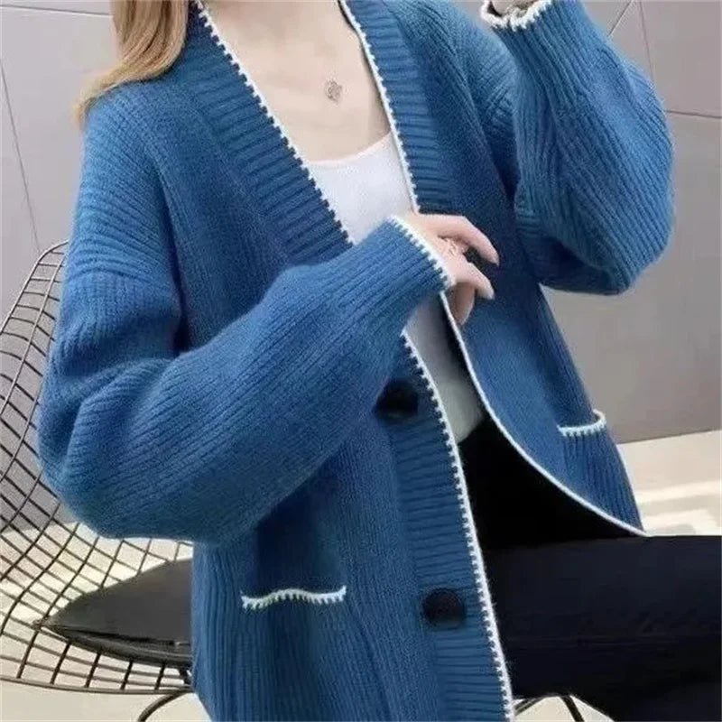 SaneShoppe - V - neck Sweater Women 2025 Autumn Winter Knitted Cardigan Female Loose Long Sleeve Casual All - Match Knitted Sweater Tops Ladies