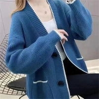 SaneShoppe - V - neck Sweater Women 2025 Autumn Winter Knitted Cardigan Female Loose Long Sleeve Casual All - Match Knitted Sweater Tops Ladies