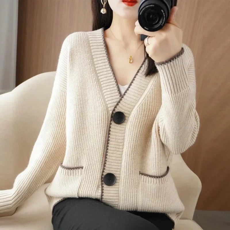 SaneShoppe - V - neck Sweater Women 2025 Autumn Winter Knitted Cardigan Female Loose Long Sleeve Casual All - Match Knitted Sweater Tops Ladies