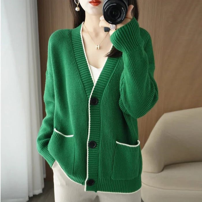SaneShoppe - V - neck Sweater Women 2025 Autumn Winter Knitted Cardigan Female Loose Long Sleeve Casual All - Match Knitted Sweater Tops Ladies