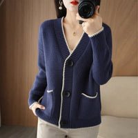 SaneShoppe - V - neck Sweater Women 2025 Autumn Winter Knitted Cardigan Female Loose Long Sleeve Casual All - Match Knitted Sweater Tops Ladies