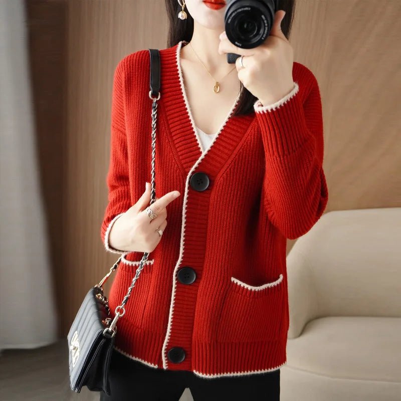 SaneShoppe - V - neck Sweater Women 2025 Autumn Winter Knitted Cardigan Female Loose Long Sleeve Casual All - Match Knitted Sweater Tops Ladies