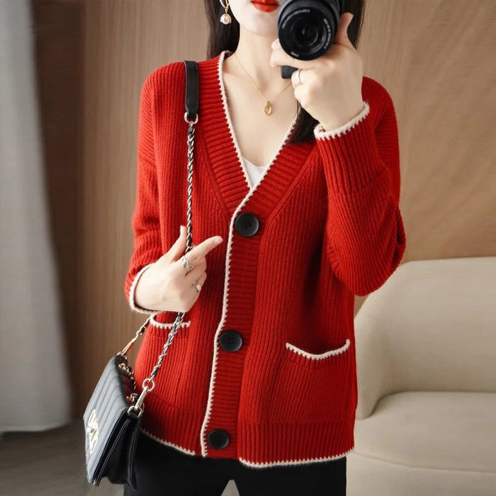 SaneShoppe - V - neck Sweater Women 2025 Autumn Winter Knitted Cardigan Female Loose Long Sleeve Casual All - Match Knitted Sweater Tops Ladies