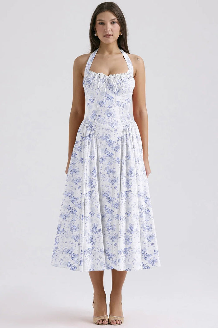 SaneShoppe-2025 New Vintage Floral Halter Midi Sundress Women's High Waist Summer Dresses