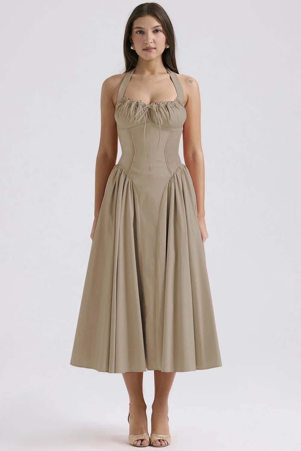 SaneShoppe - Vintage Floral Halter Midi Sundress Women's High Waist Pink Blue Black Red Dresses Summer Dresses Female Birthday Robe 2025 New