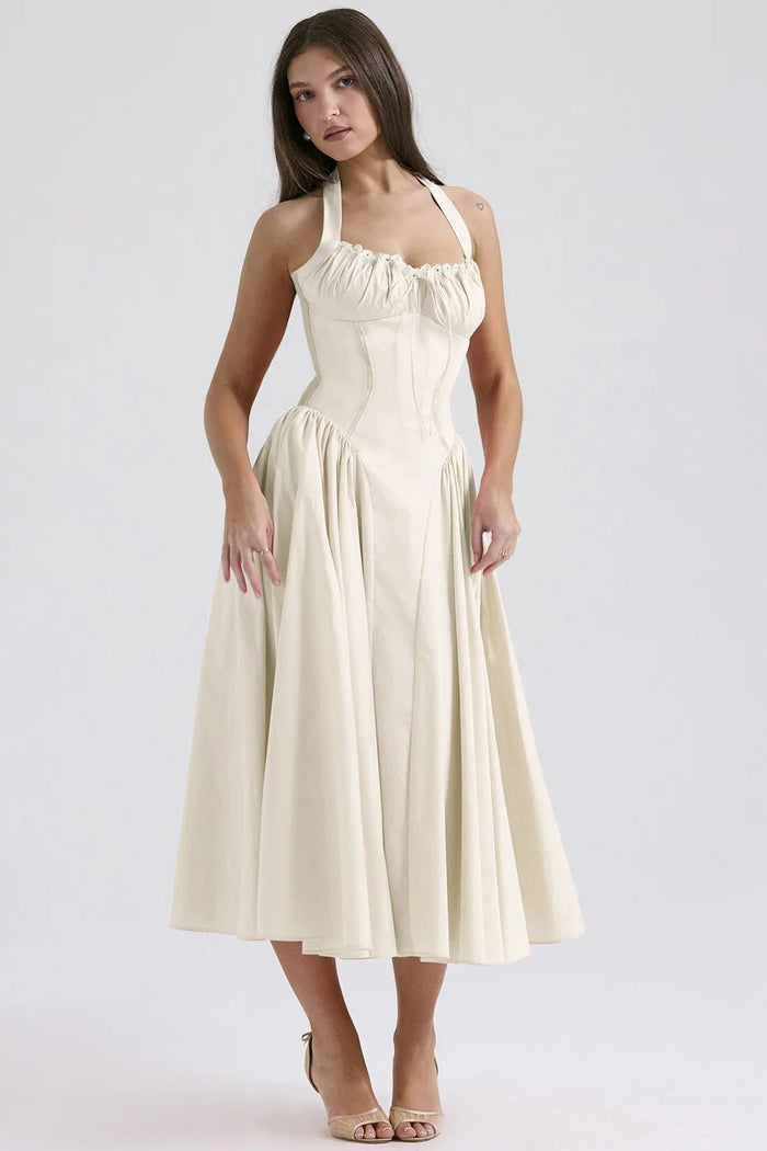 SaneShoppe-2025 New Vintage Floral Halter Midi Sundress Women's High Waist Summer Dresses