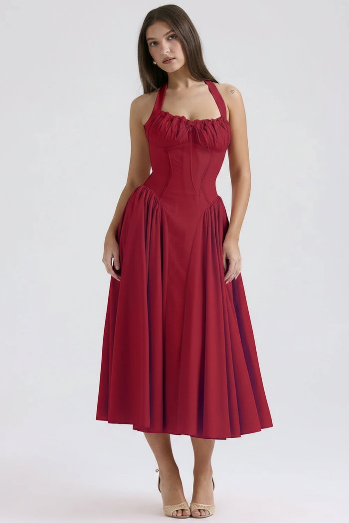 SaneShoppe-2025 New Vintage Floral Halter Midi Sundress Women's High Waist Summer Dresses