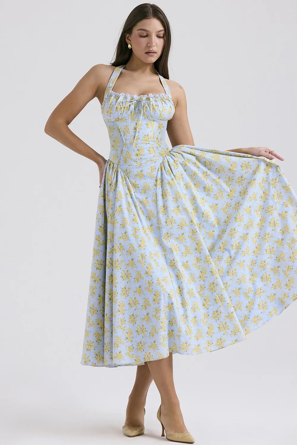 SaneShoppe - Vintage Floral Halter Midi Sundress Women's High Waist Pink Blue Black Red Dresses Summer Dresses Female Birthday Robe 2025 New