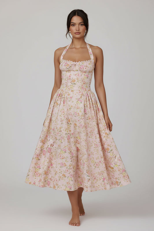 SaneShoppe-2025 New Vintage Floral Halter Midi Sundress Women's High Waist Summer Dresses