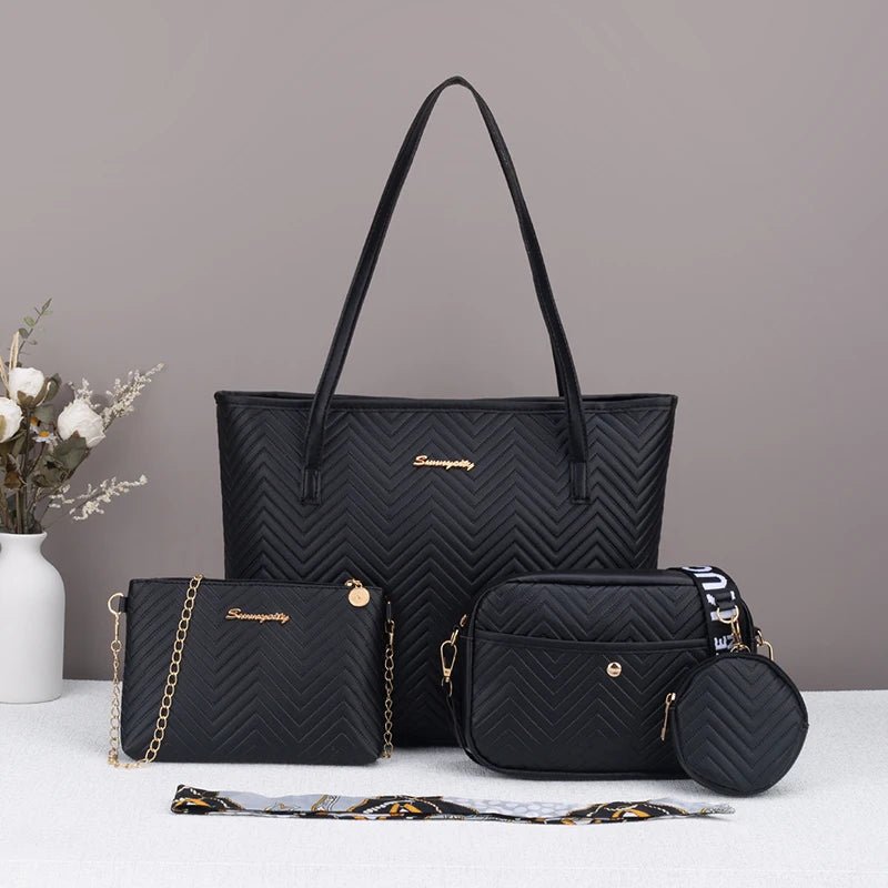 SaneShoppe - Wave pattern daily commuting large capacity tote bag handbag four piece set fashion trend personality change camera bag