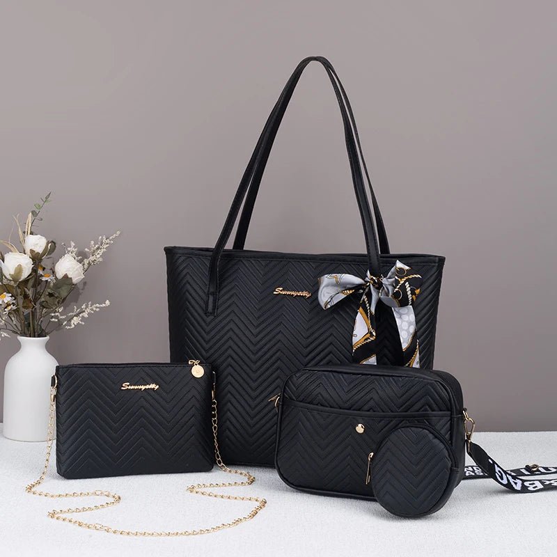 SaneShoppe - Wave pattern daily commuting large capacity tote bag handbag four piece set fashion trend personality change camera bag