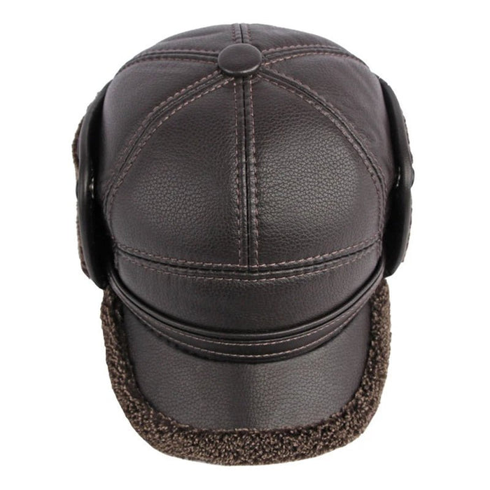 SaneShoppe - Winter Baseball Cap Men PU Leather Bomber Caps Middle Elderly Dad Hat With Earflaps Thicker Warm Windproof Russian Trapper Hat