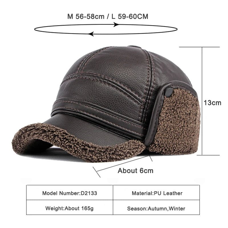 SaneShoppe - Winter Baseball Cap Men PU Leather Bomber Caps Middle Elderly Dad Hat With Earflaps Thicker Warm Windproof Russian Trapper Hat