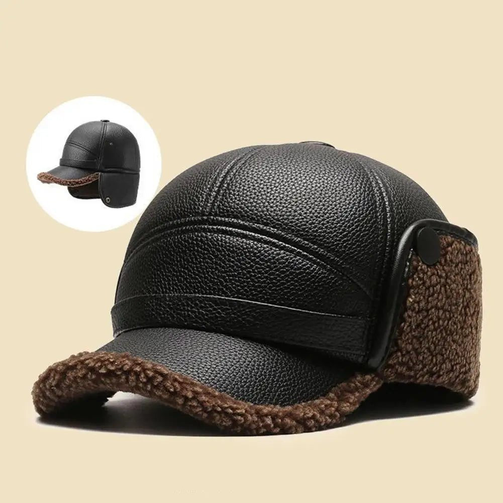 SaneShoppe - Winter Baseball Cap Men PU Leather Bomber Caps Middle Elderly Dad Hat With Earflaps Thicker Warm Windproof Tongue Hat Keep Warm