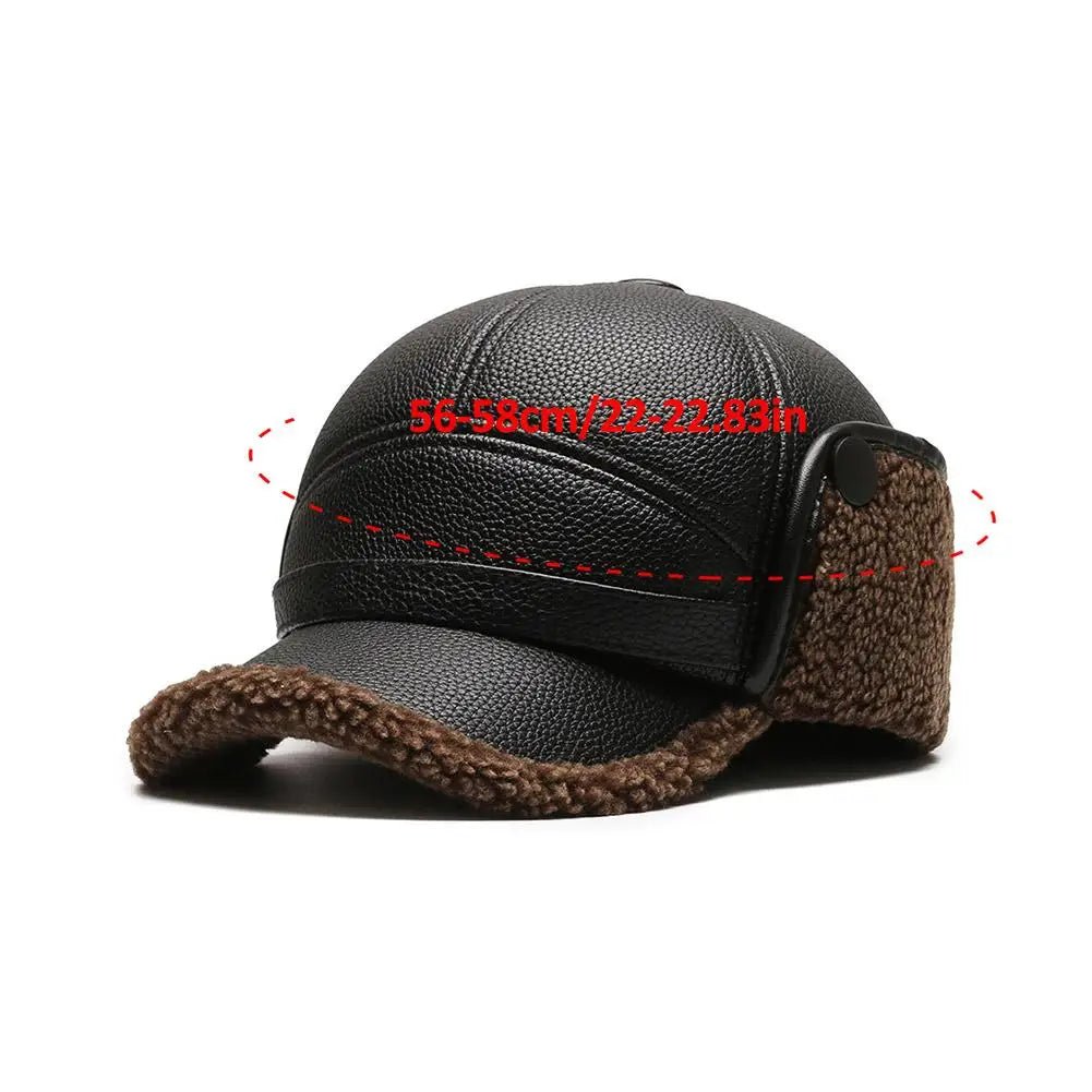 SaneShoppe - Winter Baseball Cap Men PU Leather Bomber Caps Middle Elderly Dad Hat With Earflaps Thicker Warm Windproof Tongue Hat Keep Warm