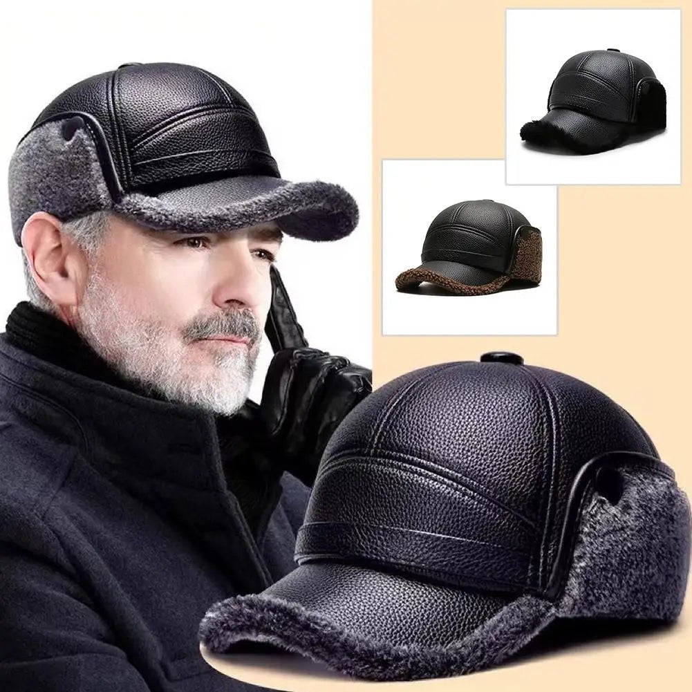 SaneShoppe - Winter Baseball Cap Men PU Leather Bomber Caps Middle Elderly Dad Hat With Earflaps Thicker Warm Windproof Tongue Hat Keep Warm
