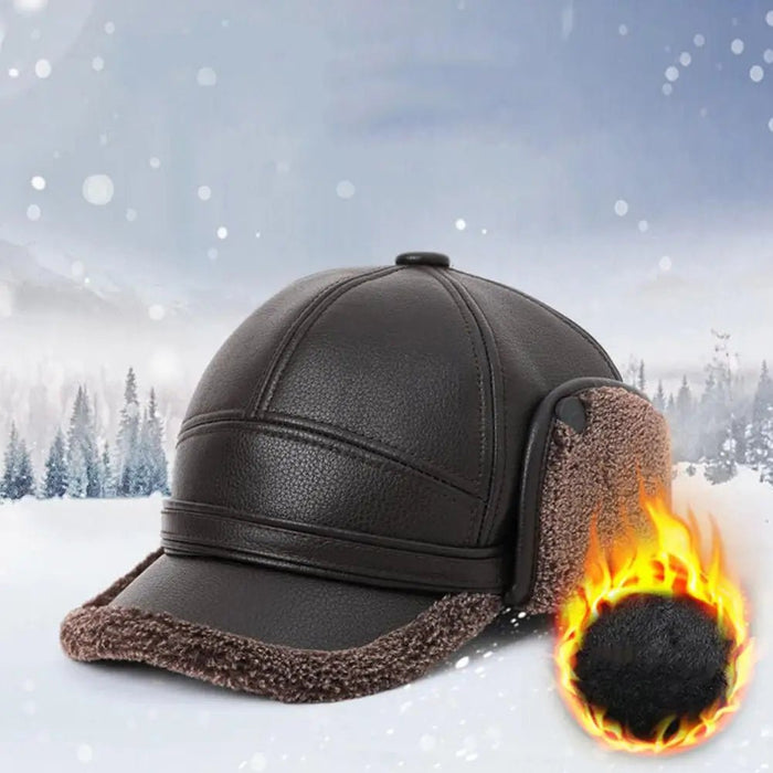 SaneShoppe - Winter Baseball Cap Men PU Leather Bomber Caps Middle Elderly Dad Hat With Earflaps Thicker Warm Windproof Tongue Hat Keep Warm