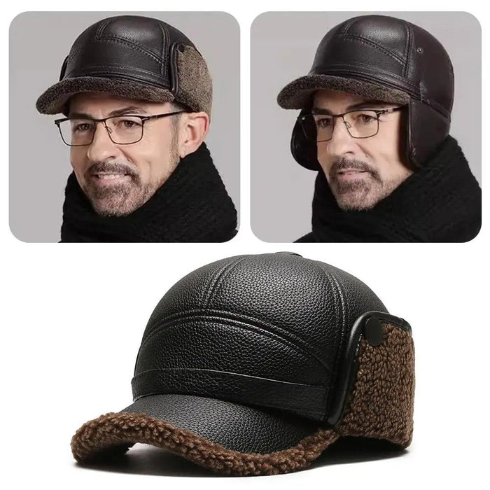 SaneShoppe - Winter Baseball Cap Men PU Leather Bomber Caps Middle Elderly Dad Hat With Earflaps Thicker Warm Windproof Tongue Hat Keep Warm