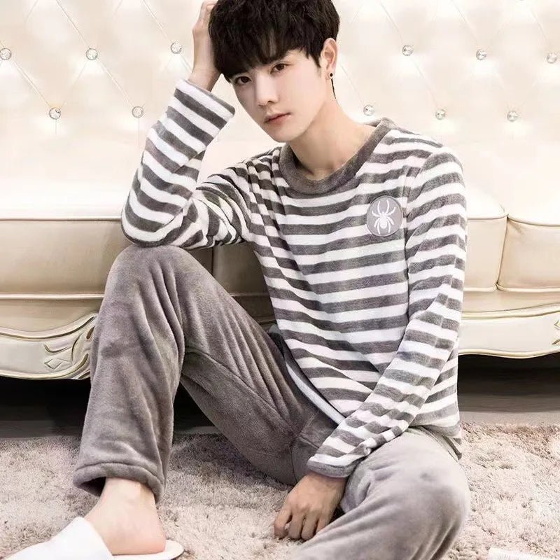 SaneShoppe - Korean Striped Flannel Pajama Set - Cozy Men's Loungewear
