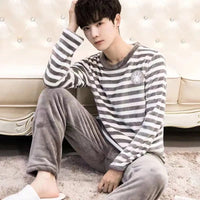 SaneShoppe - Korean Striped Flannel Pajama Set - Cozy Men's Loungewear