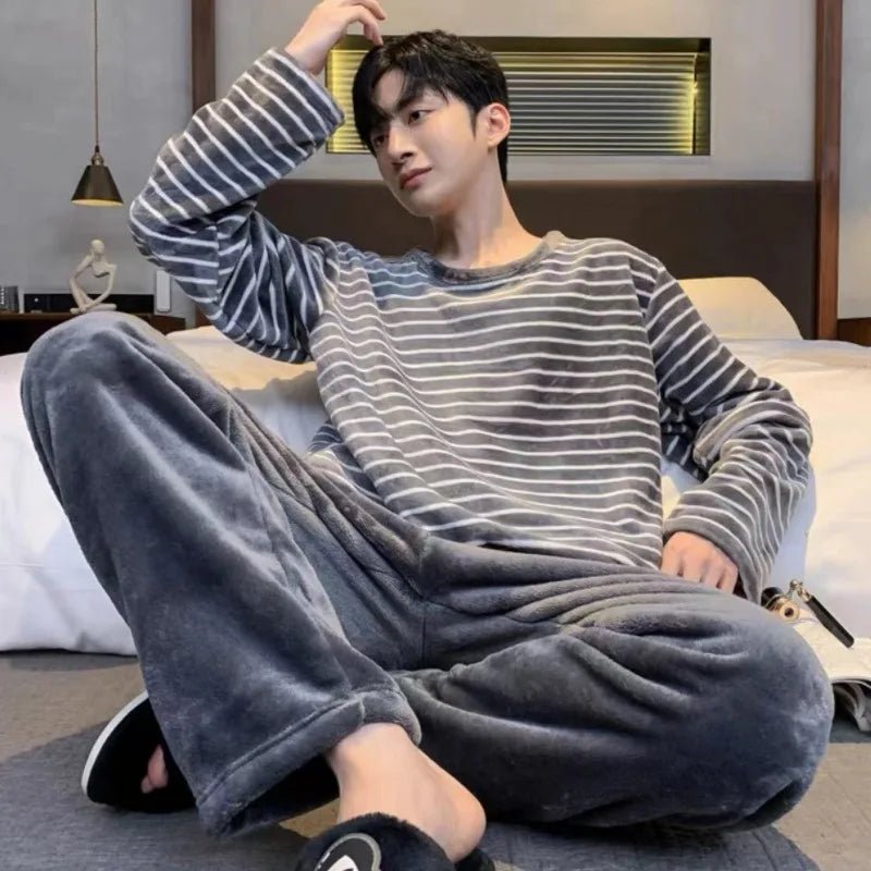 SaneShoppe - Korean Striped Flannel Pajama Set - Cozy Men's Loungewear