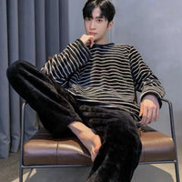 SaneShoppe - Korean Striped Flannel Pajama Set - Cozy Men's Loungewear