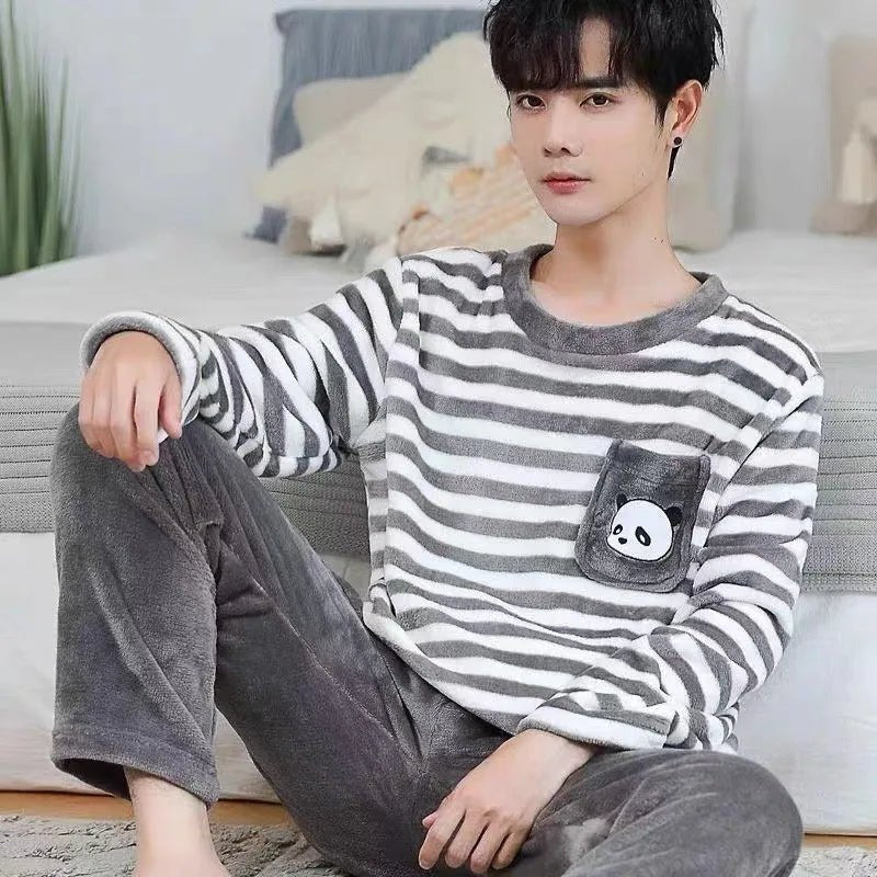 SaneShoppe - Korean Striped Flannel Pajama Set - Cozy Men's Loungewear