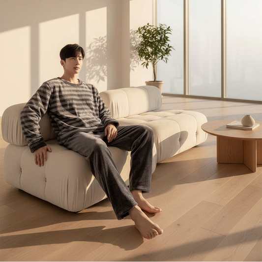 SaneShoppe - Korean Striped Flannel Pajama Set - Cozy Men's Loungewear