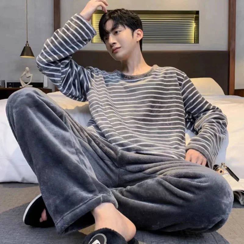SaneShoppe - Korean Striped Flannel Pajama Set - Cozy Men's Loungewear