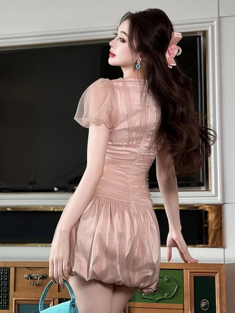 SaneShoppe - Women Clothes Evening Sweet Pink Sexy Puff Sleeve Corset Mini Short Dress Elegant Lady Fashion Party Birthday Vestido Summer New