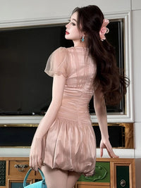 SaneShoppe - Women Clothes Evening Sweet Pink Sexy Puff Sleeve Corset Mini Short Dress Elegant Lady Fashion Party Birthday Vestido Summer New