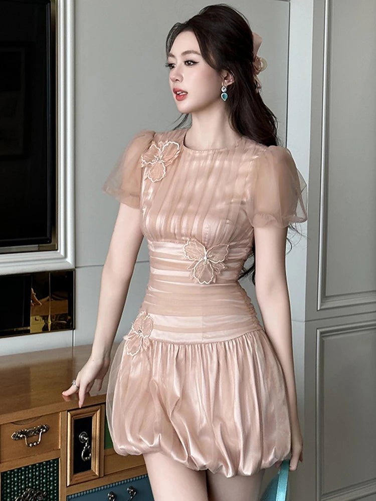 SaneShoppe - Women Clothes Evening Sweet Pink Sexy Puff Sleeve Corset Mini Short Dress Elegant Lady Fashion Party Birthday Vestido Summer New