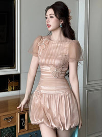 SaneShoppe - Women Clothes Evening Sweet Pink Sexy Puff Sleeve Corset Mini Short Dress Elegant Lady Fashion Party Birthday Vestido Summer New