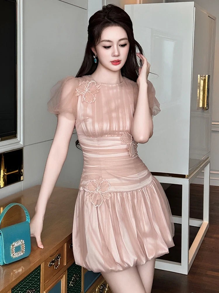 SaneShoppe - Women Clothes Evening Sweet Pink Sexy Puff Sleeve Corset Mini Short Dress Elegant Lady Fashion Party Birthday Vestido Summer New