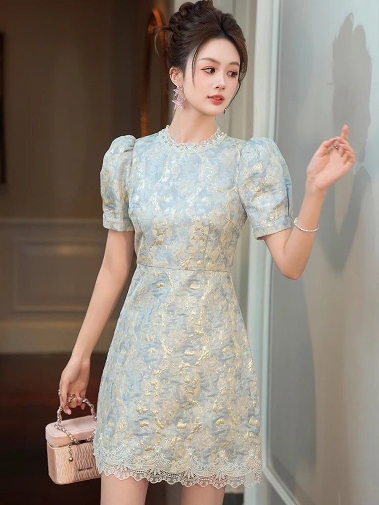 SaneShoppe - Women Clothes Retro Blue Jacquard Puff Sleeve Lace Slim A - Line Mini Short Dress Elegant Lady Fashion Party Vestidos Casual New