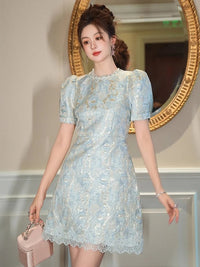 SaneShoppe - Women Clothes Retro Blue Jacquard Puff Sleeve Lace Slim A - Line Mini Short Dress Elegant Lady Fashion Party Vestidos Casual New