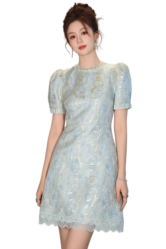 SaneShoppe - Women Clothes Retro Blue Jacquard Puff Sleeve Lace Slim A - Line Mini Short Dress Elegant Lady Fashion Party Vestidos Casual New