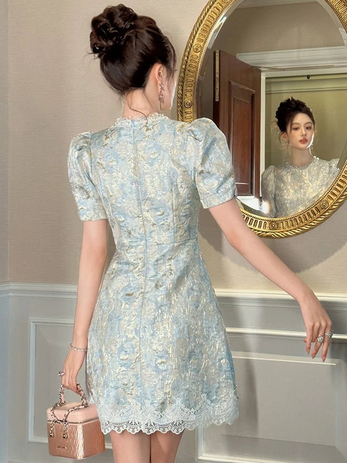 SaneShoppe - Women Clothes Retro Blue Jacquard Puff Sleeve Lace Slim A - Line Mini Short Dress Elegant Lady Fashion Party Vestidos Casual New