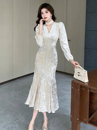 SaneShoppe - Women Clothes Retro Velvet Sexy Hollow V - Neck Slim Mermaid Long Dress Elegant Ladies Fashion Party Prom Vestido Evening Robe New