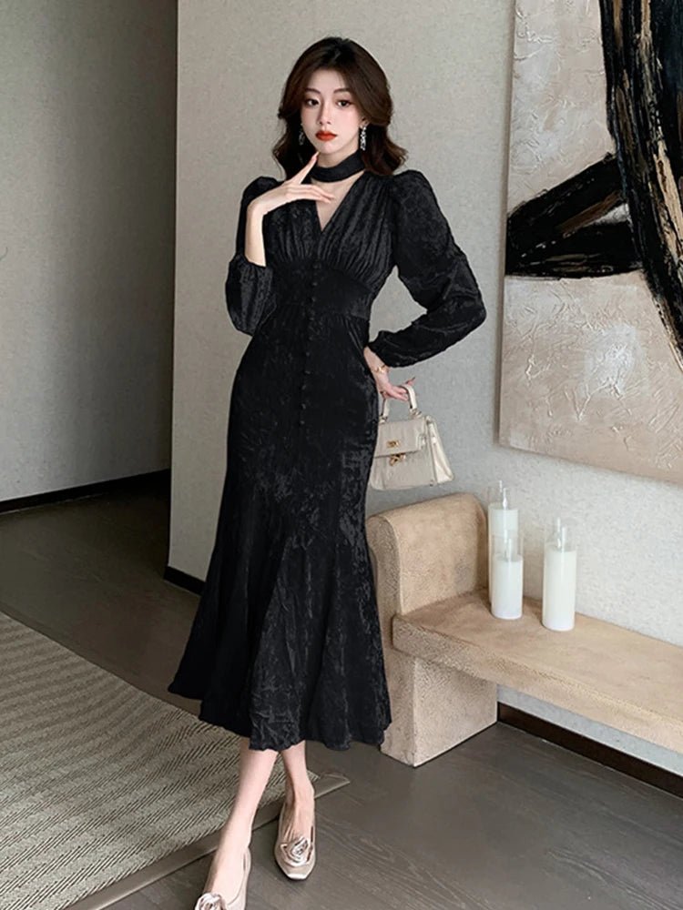 SaneShoppe - Women Clothes Retro Velvet Sexy Hollow V - Neck Slim Mermaid Long Dress Elegant Ladies Fashion Party Prom Vestido Evening Robe New