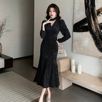 SaneShoppe - Women Clothes Retro Velvet Sexy Hollow V - Neck Slim Mermaid Long Dress Elegant Ladies Fashion Party Prom Vestido Evening Robe New