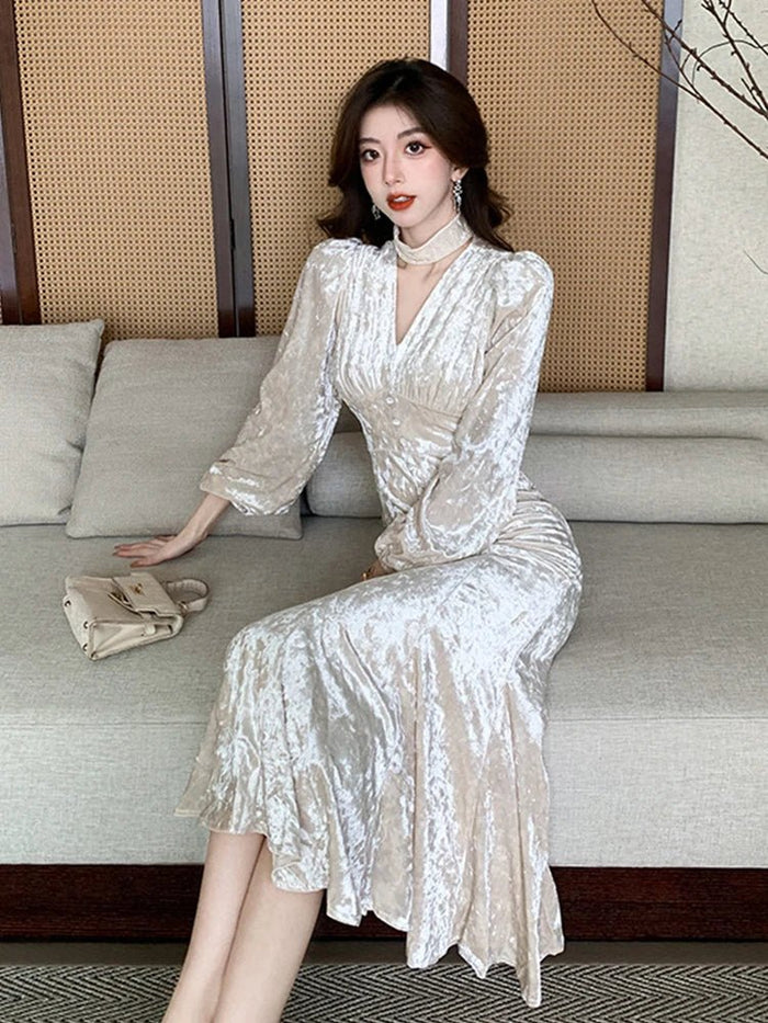 SaneShoppe - Women Clothes Retro Velvet Sexy Hollow V - Neck Slim Mermaid Long Dress Elegant Ladies Fashion Party Prom Vestido Evening Robe New