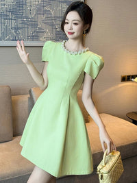 SaneShoppe - Women Clothes Sweet Pearl Puff Sleeve Slim A - Line Mini Short Dress Elegant Luxury Fashion Evening Party Prom Vestidos Casual New