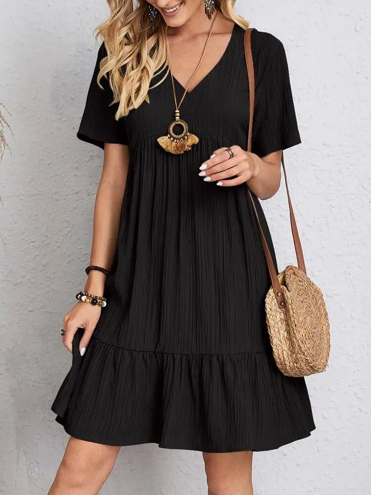 SaneShoppe - Women Elegant Short Sleeve V Neck Ruffles Dress Summer Casual Solid Loose Mini Dress Chic Bohemian Sundress Beach Party Vestidos