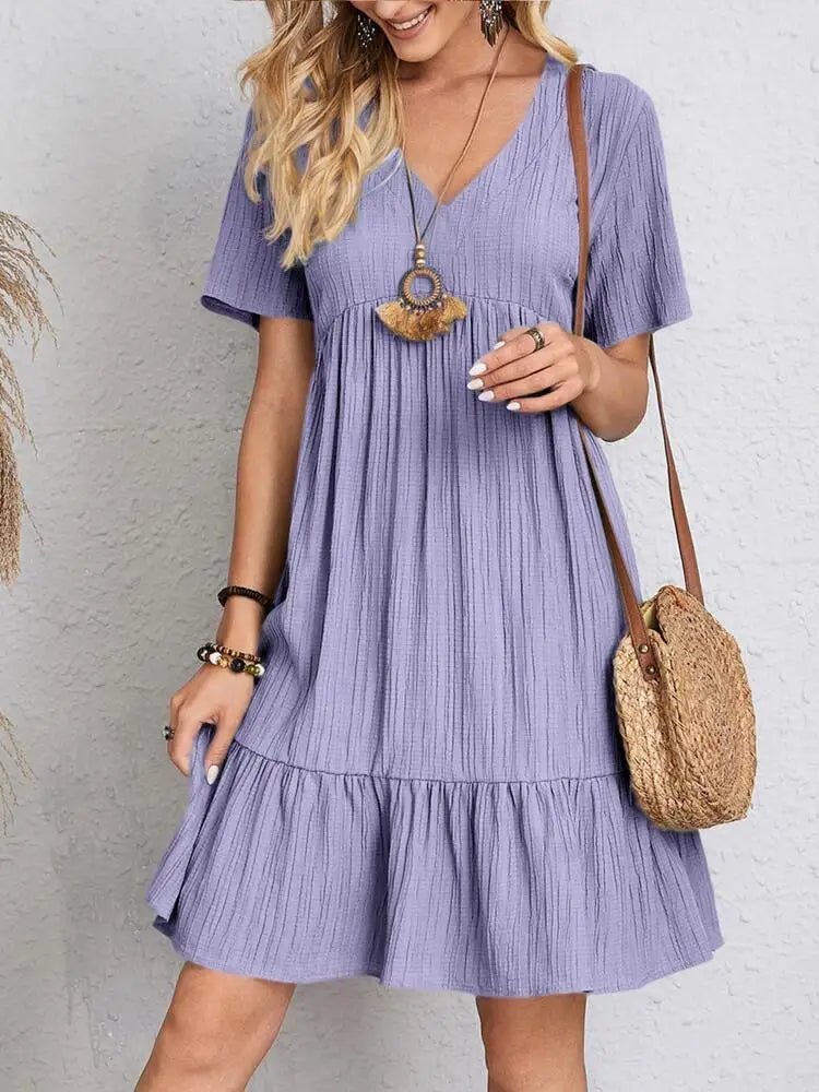 SaneShoppe - Women Elegant Short Sleeve V Neck Ruffles Dress Summer Casual Solid Loose Mini Dress Chic Bohemian Sundress Beach Party Vestidos