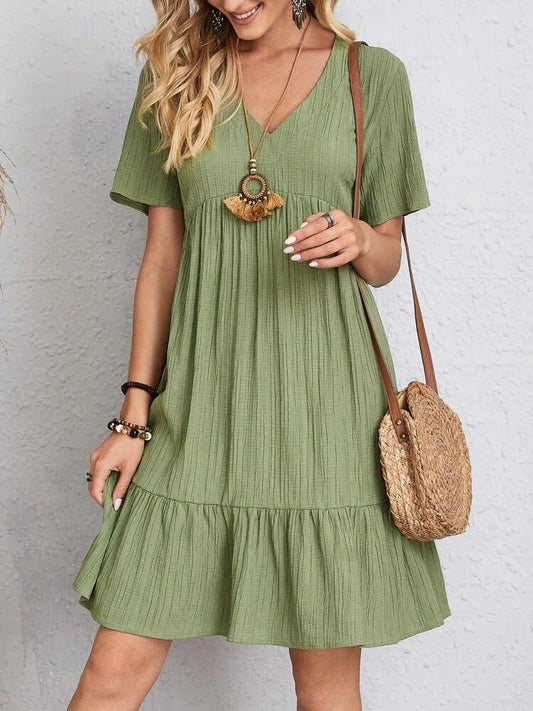 SaneShoppe - Women Elegant Short Sleeve V Neck Ruffles Dress Summer Casual Solid Loose Mini Dress Chic Bohemian Sundress Beach Party Vestidos