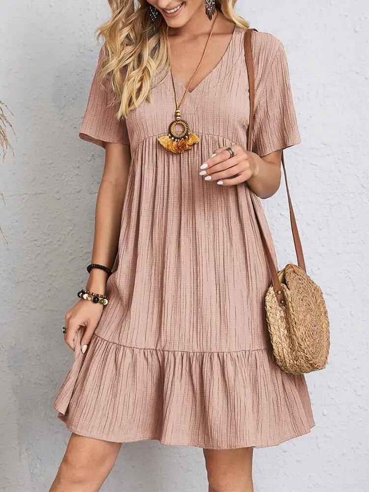 SaneShoppe - Women Elegant Short Sleeve V Neck Ruffles Dress Summer Casual Solid Loose Mini Dress Chic Bohemian Sundress Beach Party Vestidos